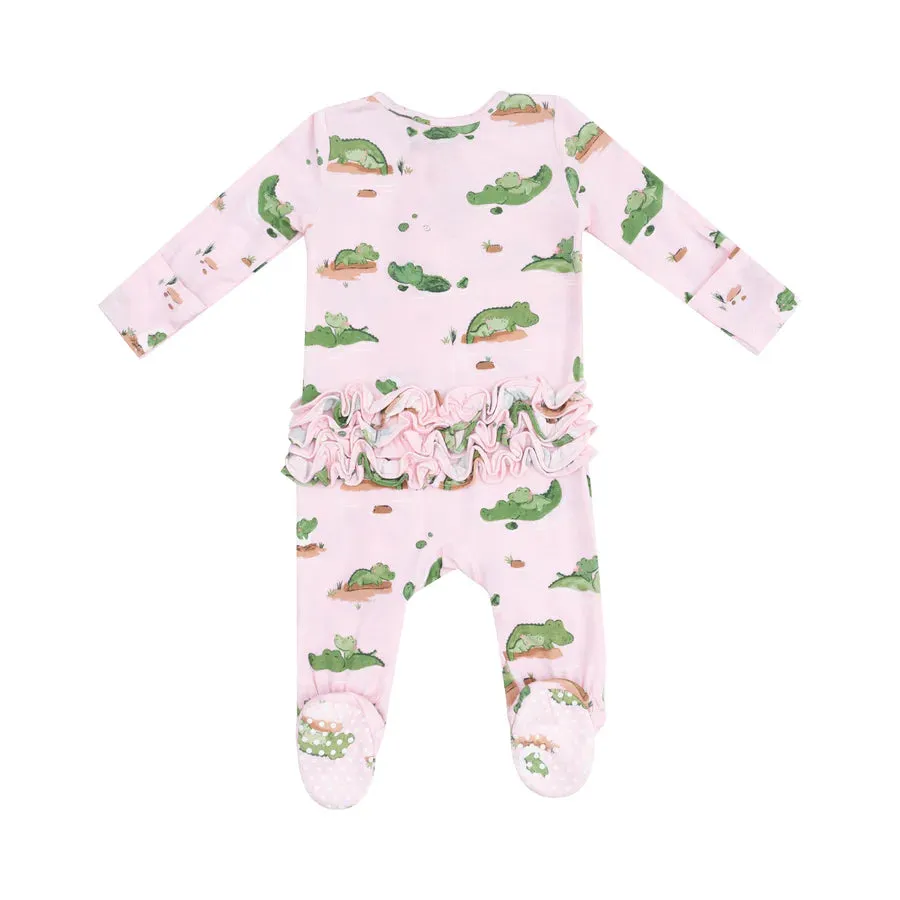 Angel Dear Alligator Pink Zipper Ruffle Back Footie