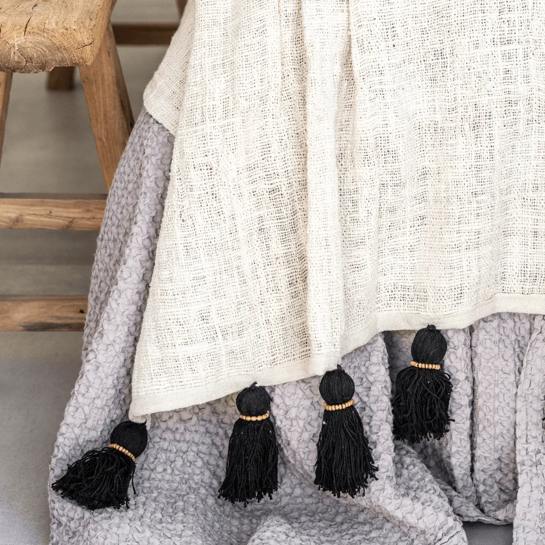 Bali Cotton Throw | Black Tassel | White 220x140cm Zoco Home