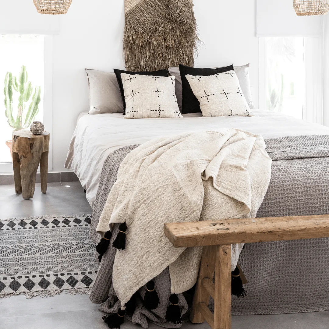 Bali Cotton Throw | Black Tassel | White 220x140cm Zoco Home