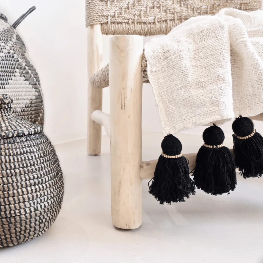 Bali Cotton Throw | Black Tassel | White 220x140cm Zoco Home