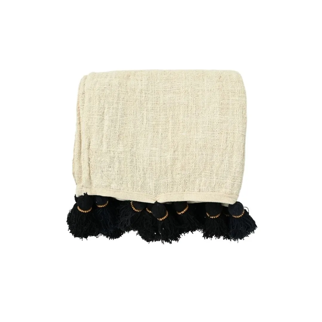 Bali Cotton Throw | Black Tassel | White 220x140cm Zoco Home