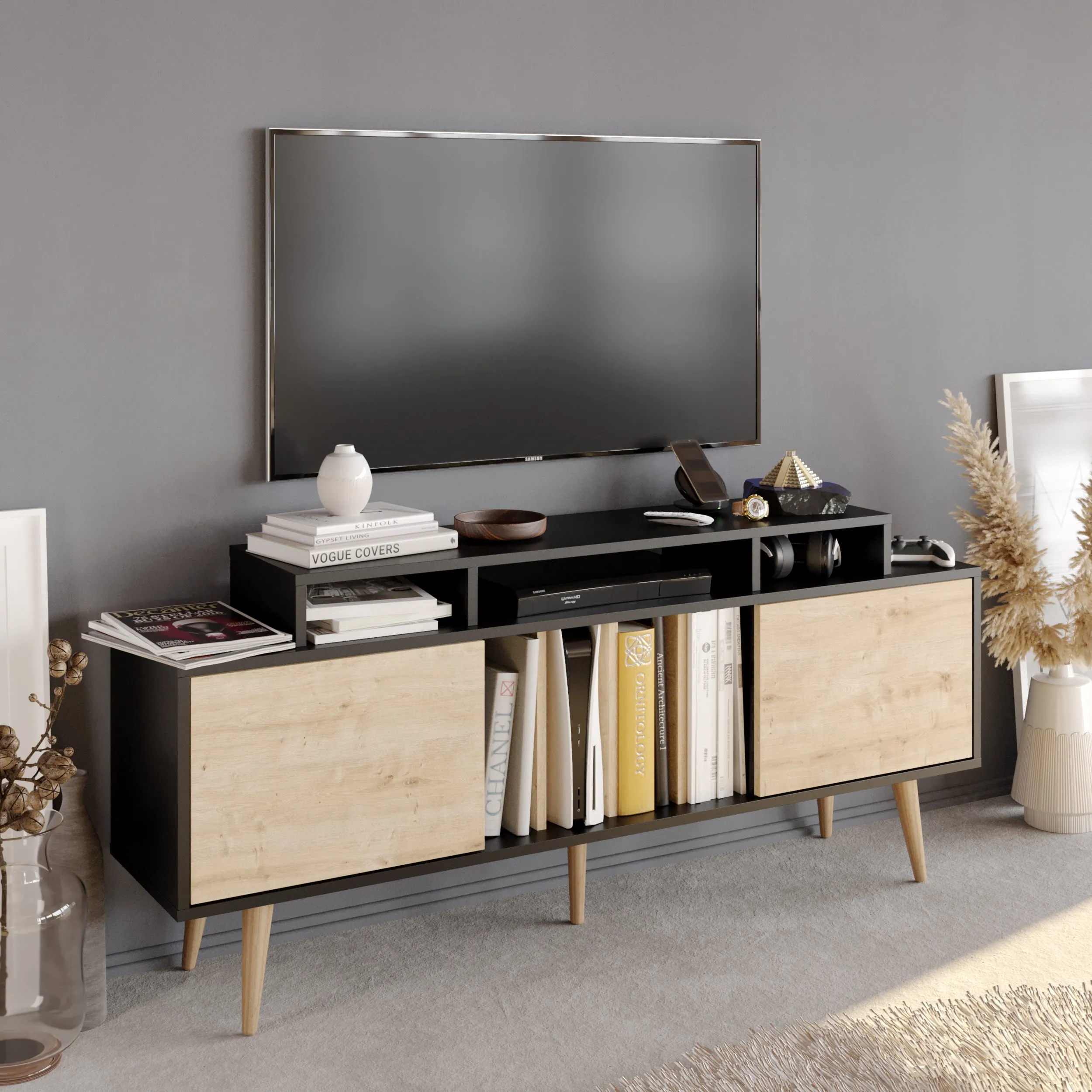 Char 63" TV Stand and Media Console with Cabinets and Shelves for TVs up to 72" Decorotika