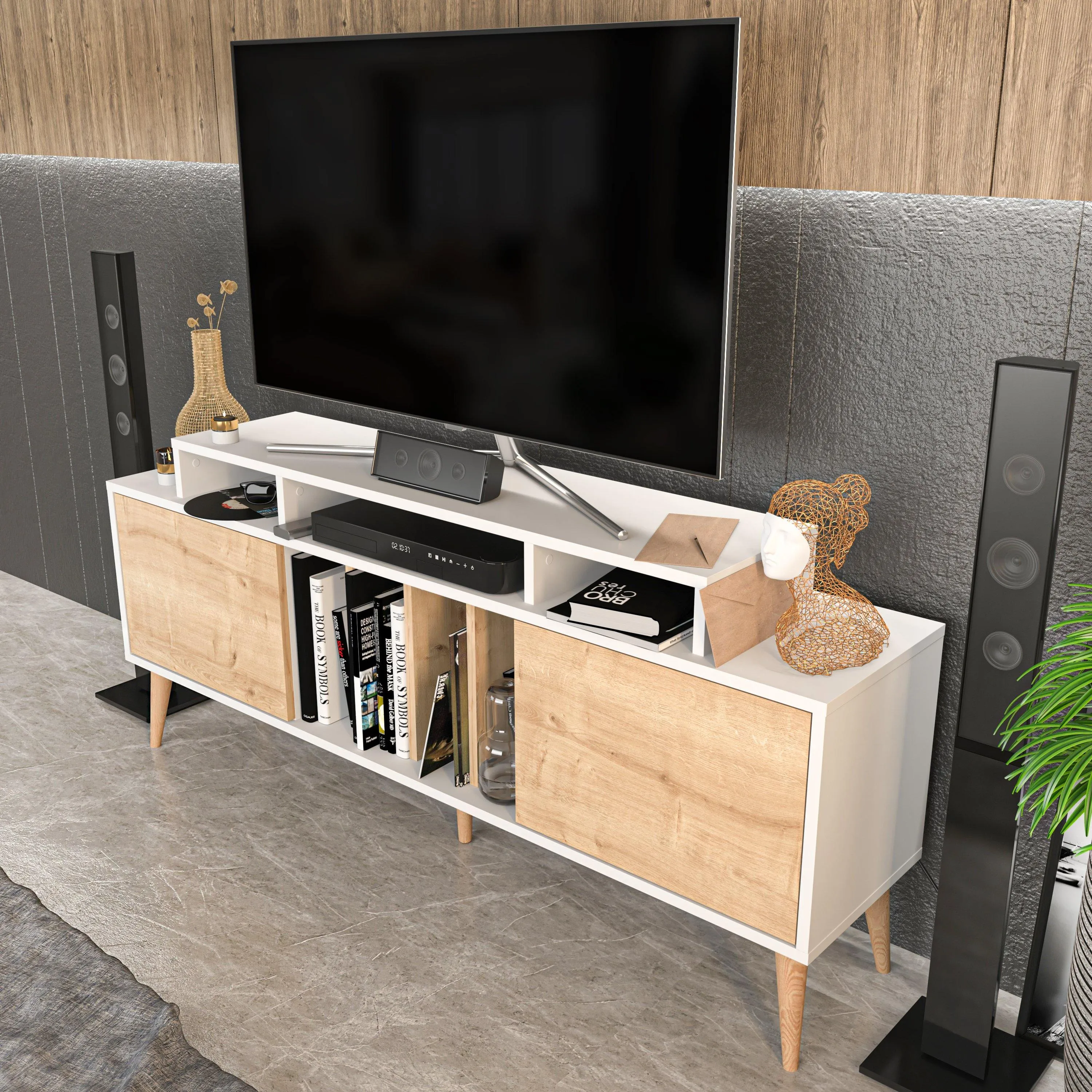 Char 63" TV Stand and Media Console with Cabinets and Shelves for TVs up to 72" Decorotika