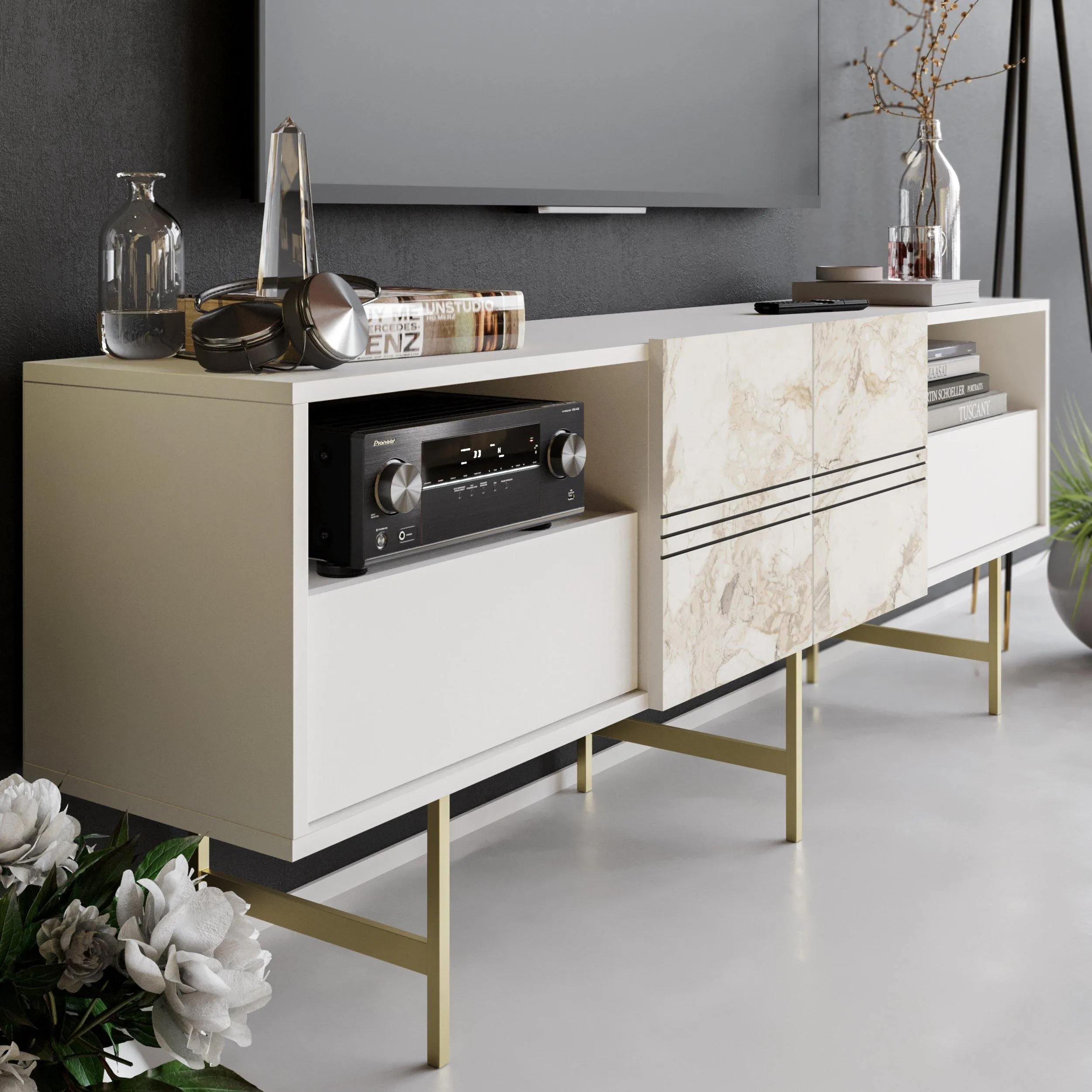 Derin 71" Media Console and TV Stand with Cabinets and Shelves for TVs up to 80" Decorotika