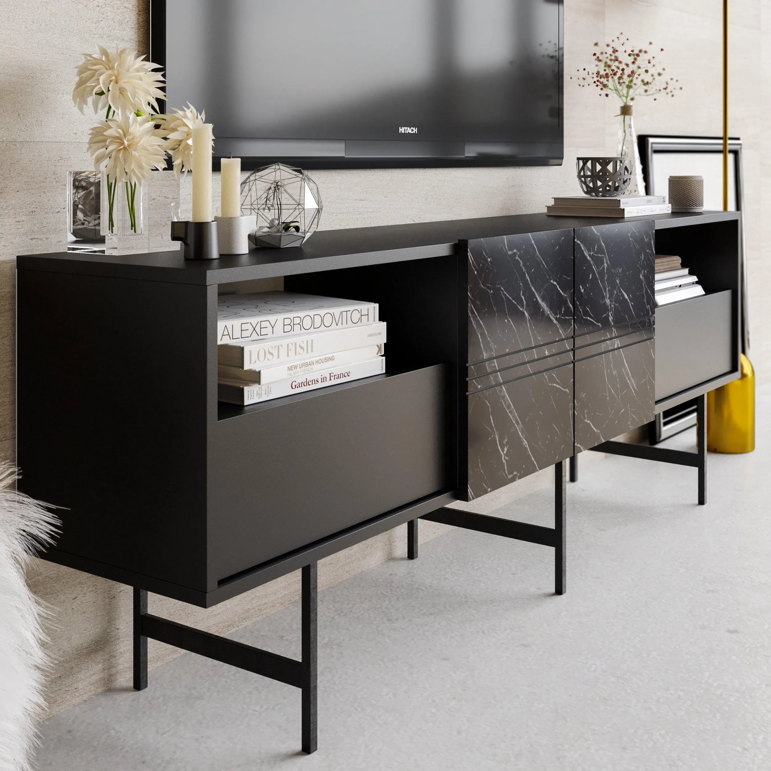 Derin 71" Media Console and TV Stand with Cabinets and Shelves for TVs up to 80" Decorotika