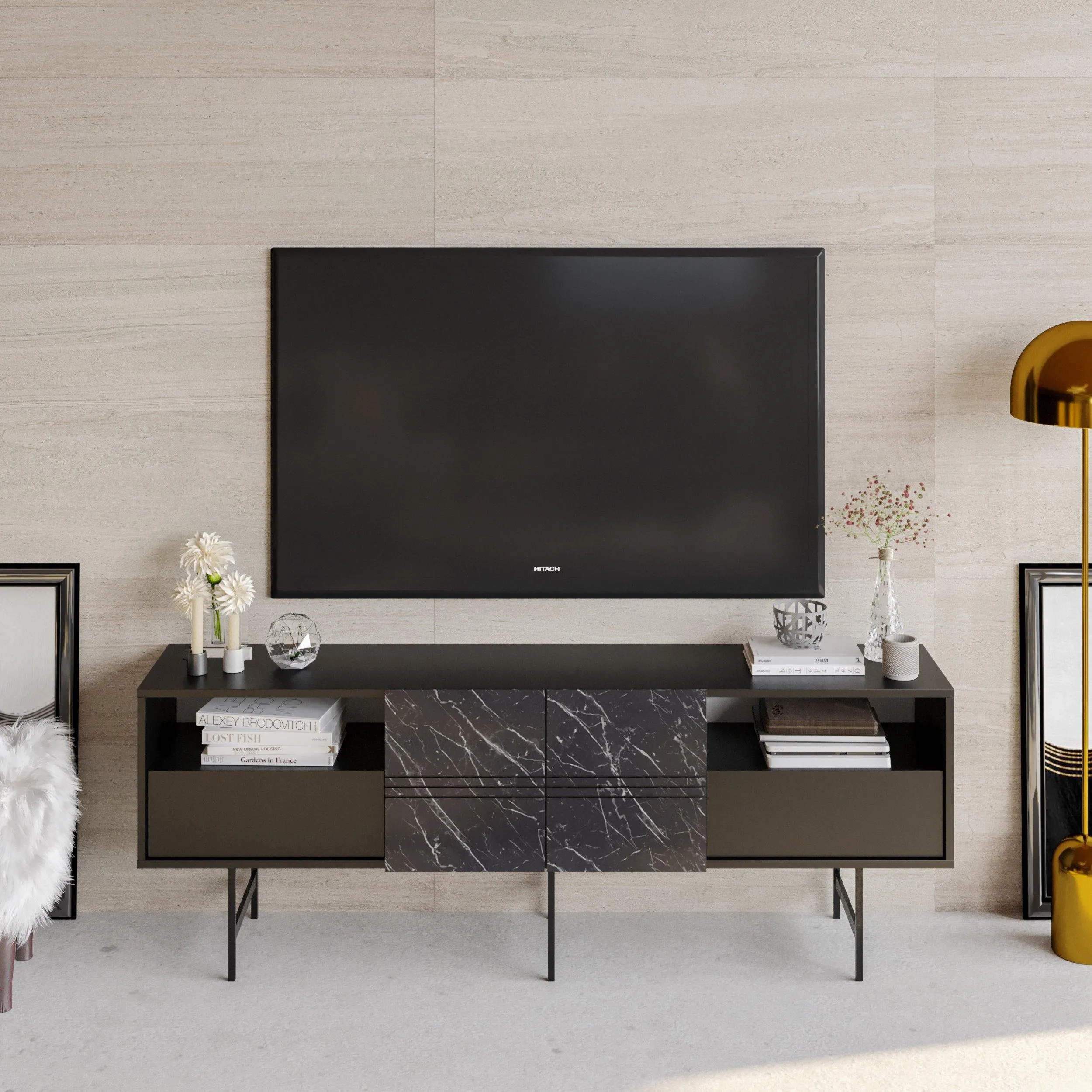 Derin 71" Media Console and TV Stand with Cabinets and Shelves for TVs up to 80" Decorotika