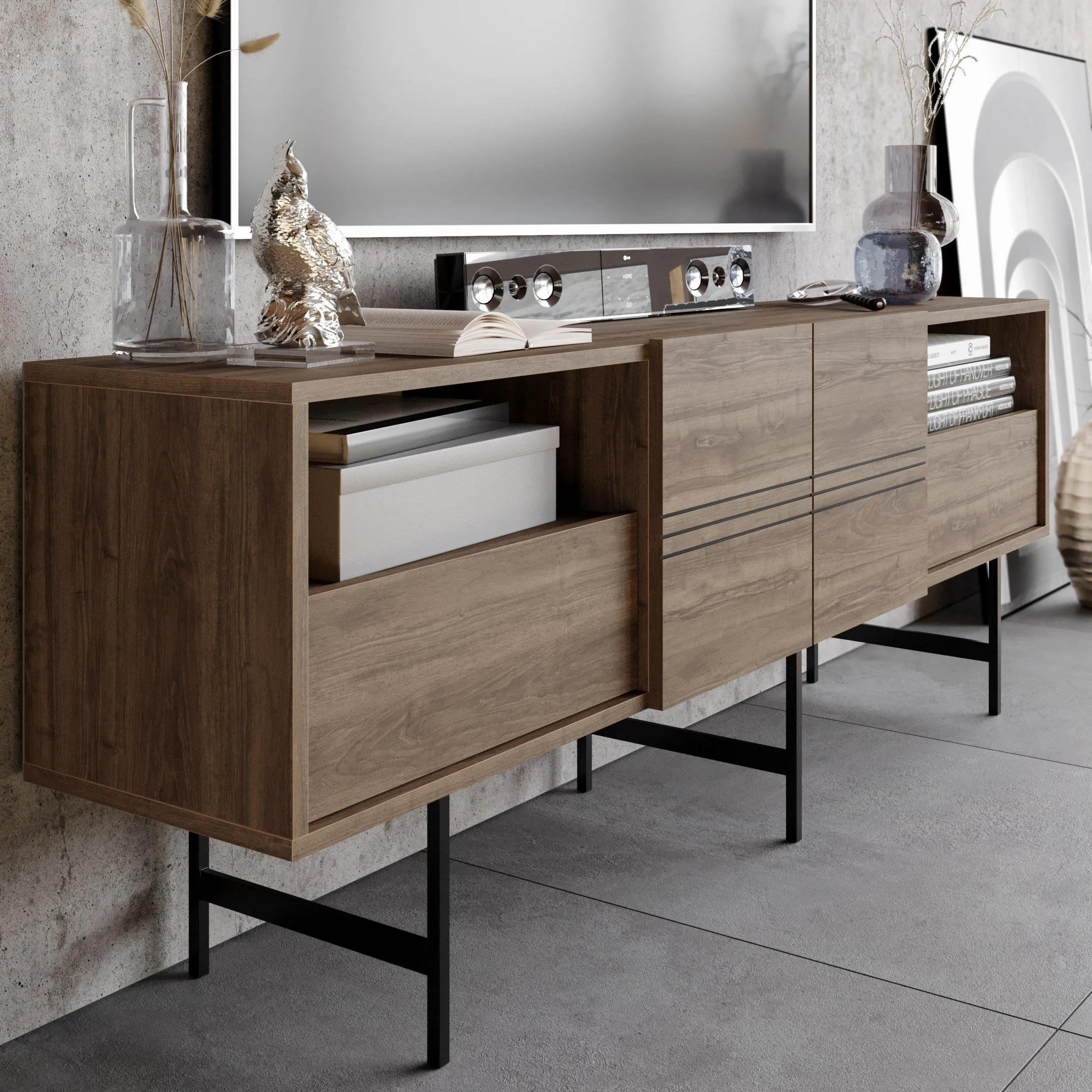 Derin 71" Media Console and TV Stand with Cabinets and Shelves for TVs up to 80" Decorotika