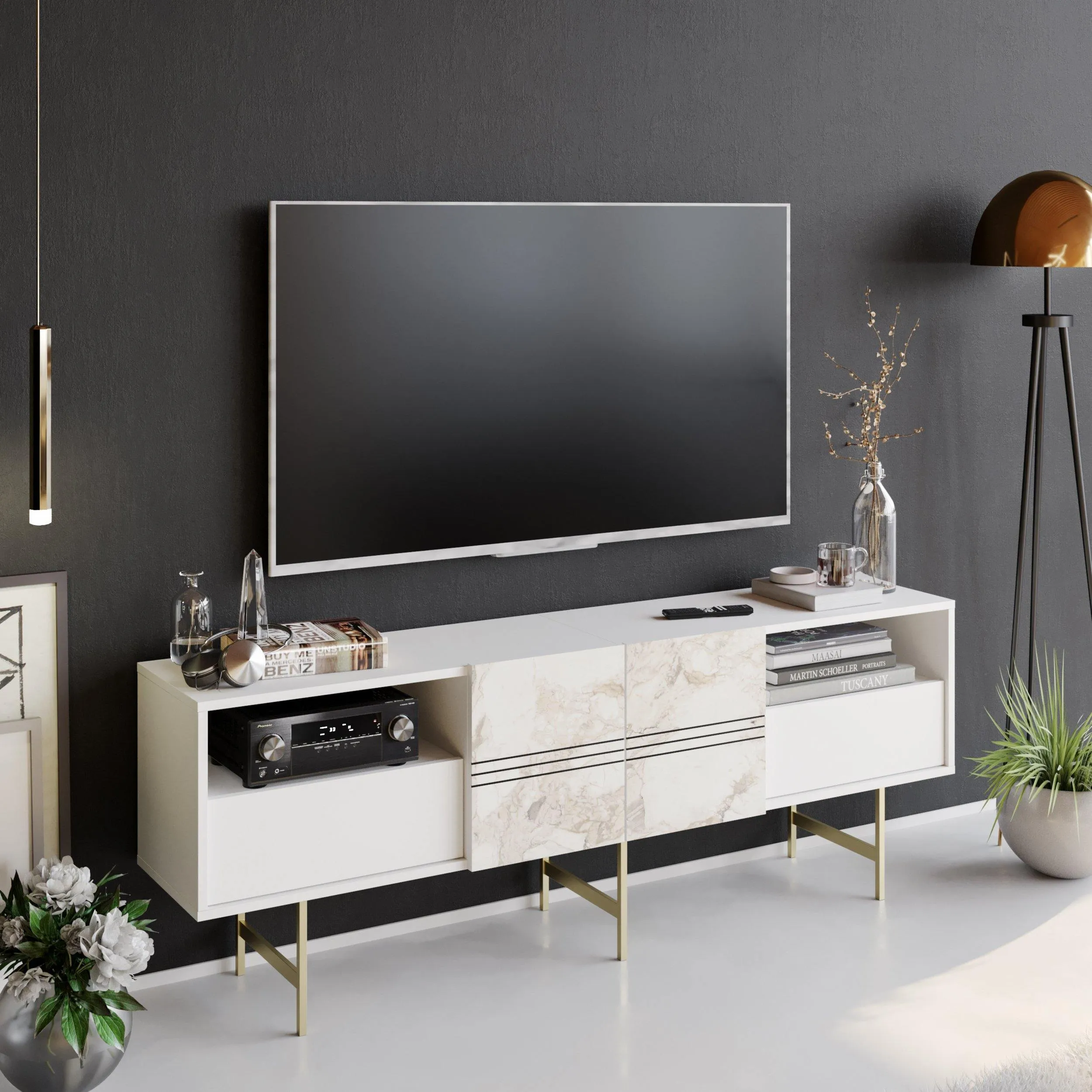 Derin 71" Media Console and TV Stand with Cabinets and Shelves for TVs up to 80" Decorotika