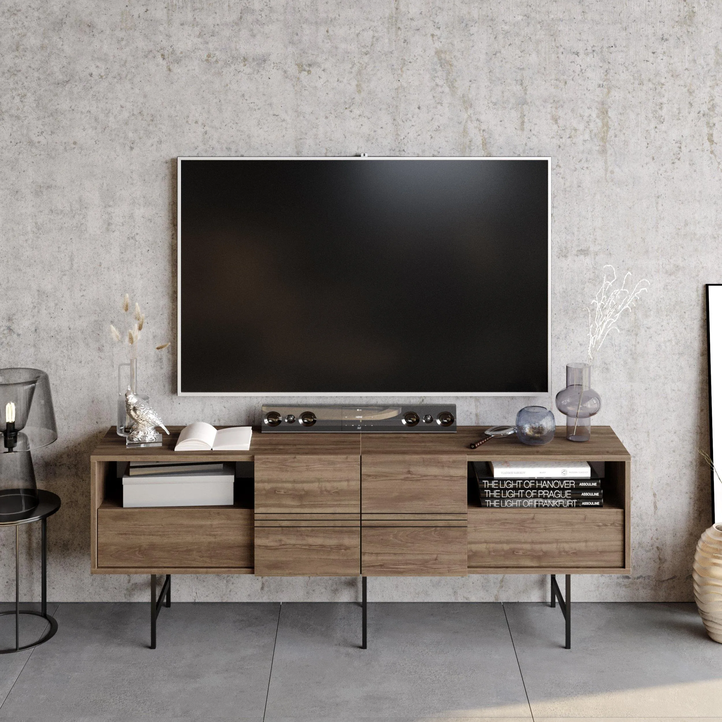 Derin 71" Media Console and TV Stand with Cabinets and Shelves for TVs up to 80" Decorotika