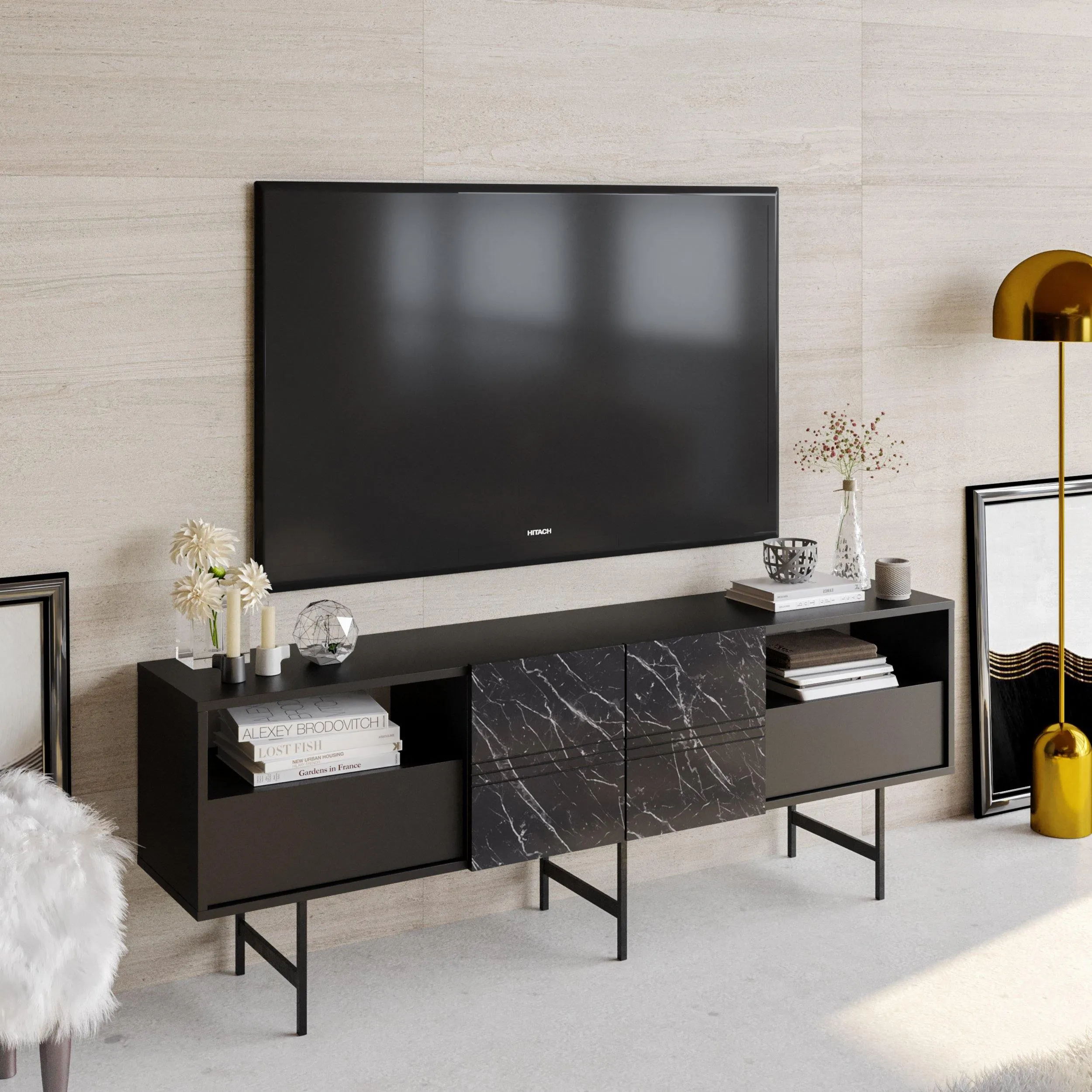 Derin 71" Media Console and TV Stand with Cabinets and Shelves for TVs up to 80" Decorotika