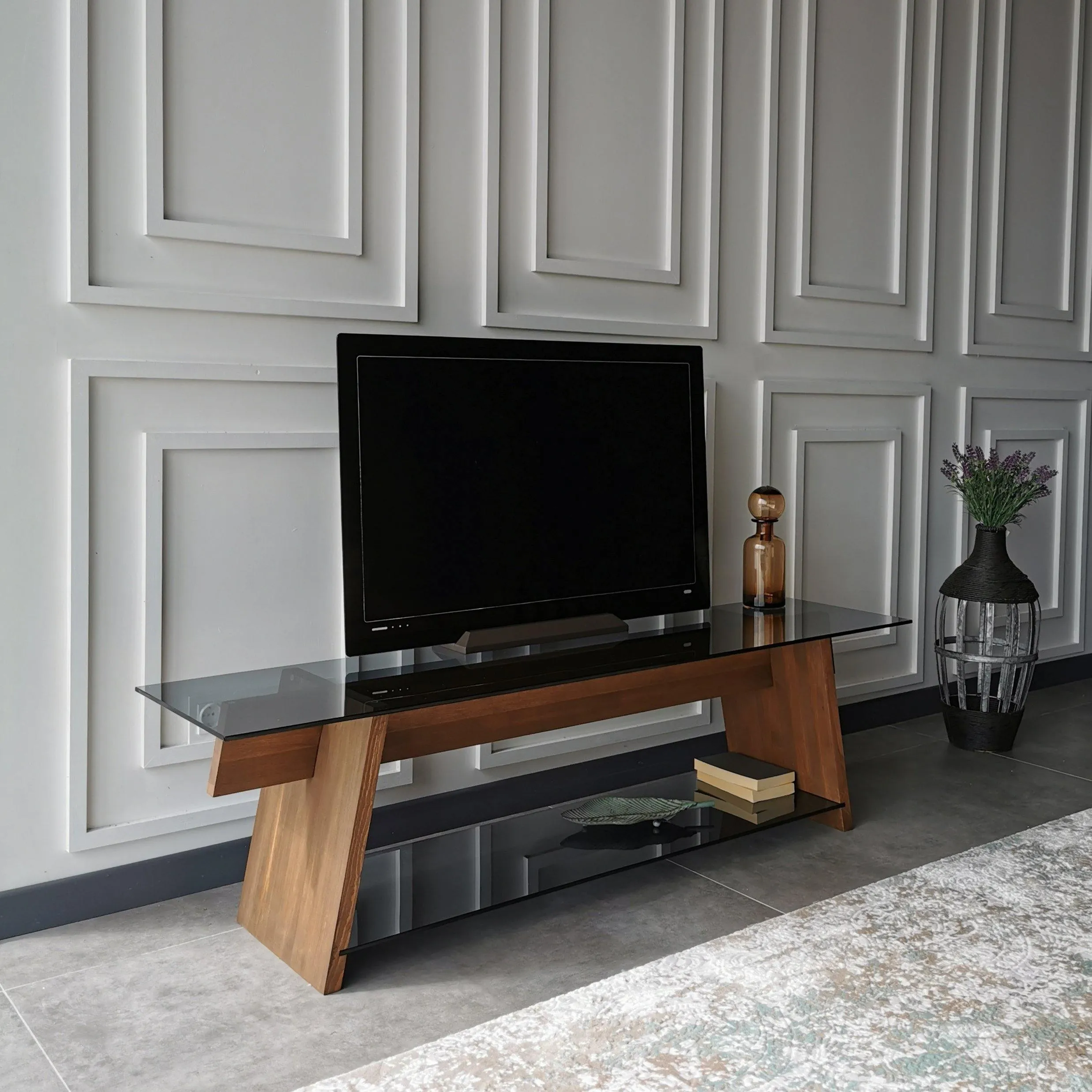 Genova 62" Wide TV Stand & Media Console with Tempered Glass Shelves for TVs up to 70" Decorotika