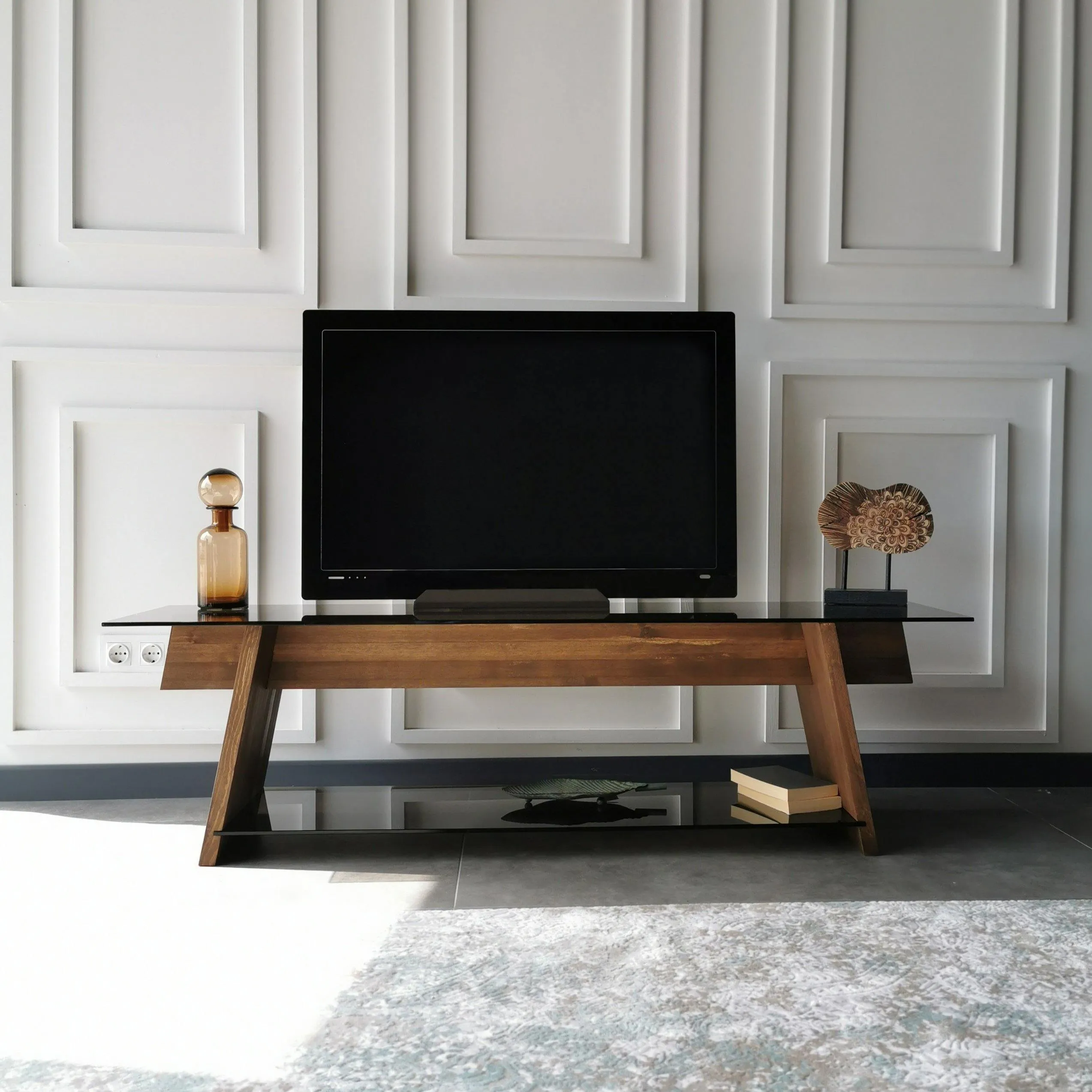 Genova 62" Wide TV Stand & Media Console with Tempered Glass Shelves for TVs up to 70" Decorotika