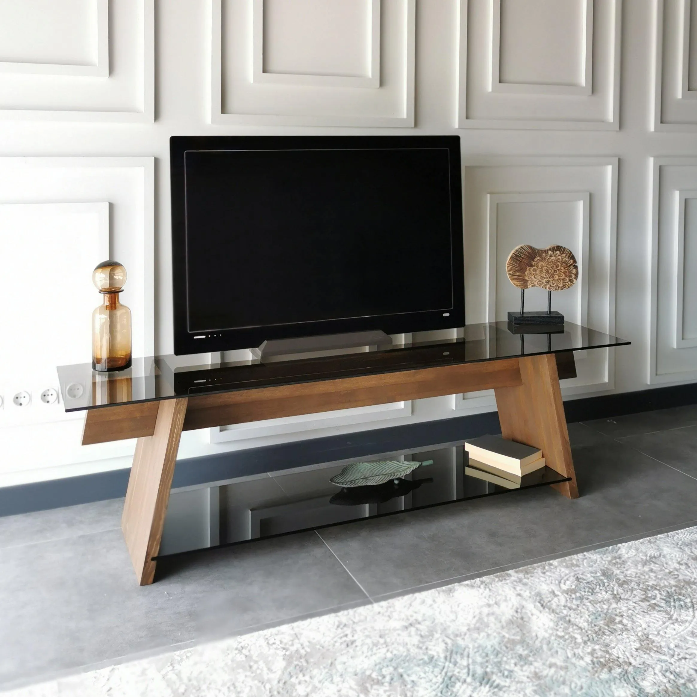 Genova 62" Wide TV Stand & Media Console with Tempered Glass Shelves for TVs up to 70" Decorotika
