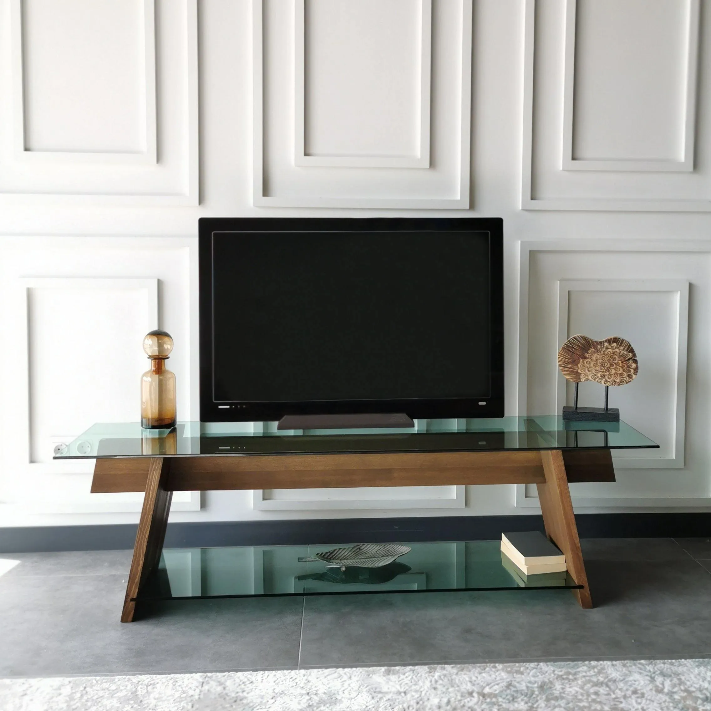Genova 62" Wide TV Stand & Media Console with Tempered Glass Shelves for TVs up to 70" Decorotika