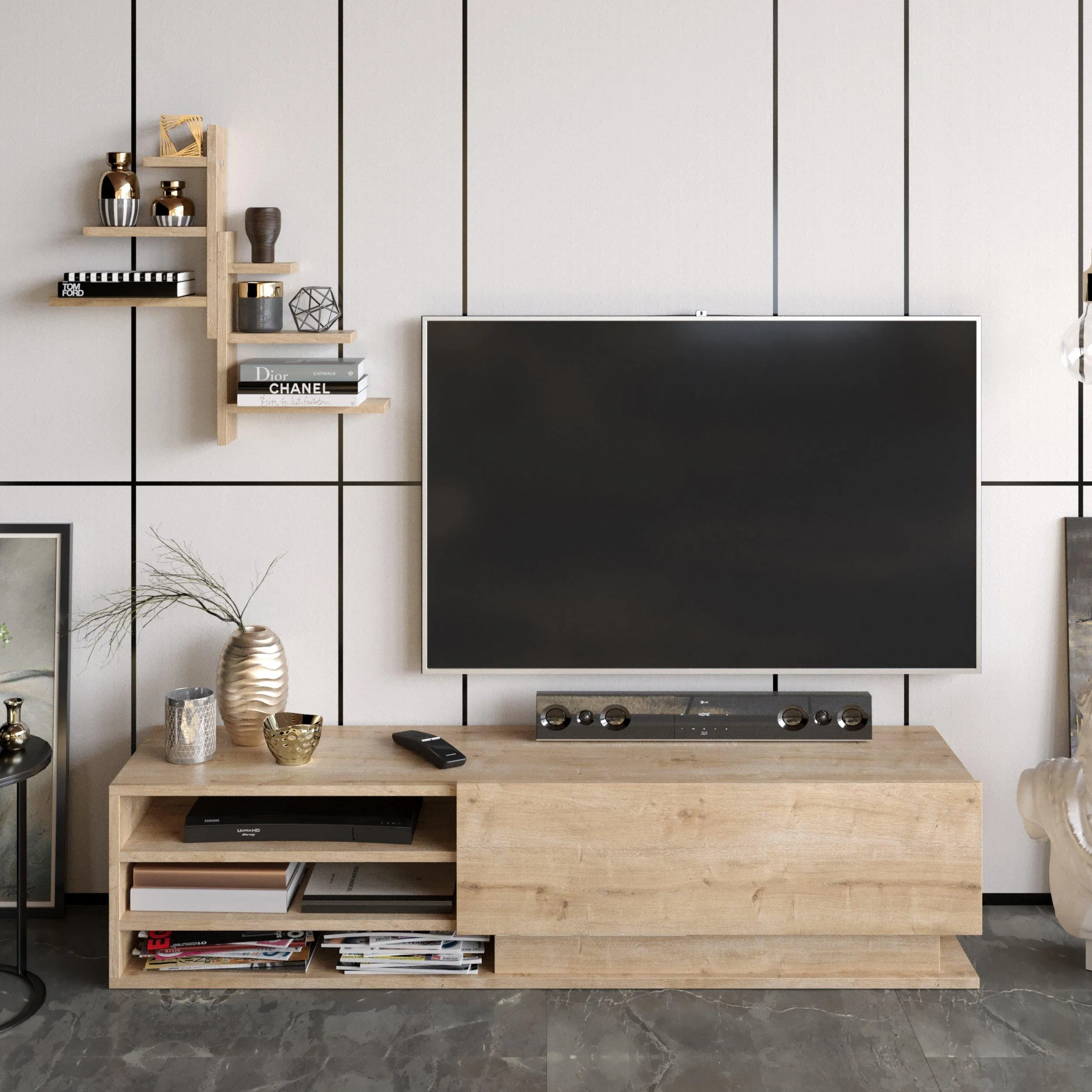 Linda TV Stand and Media Console with Cabinet, Wall Shelves for TVs up to 67" Decorotika