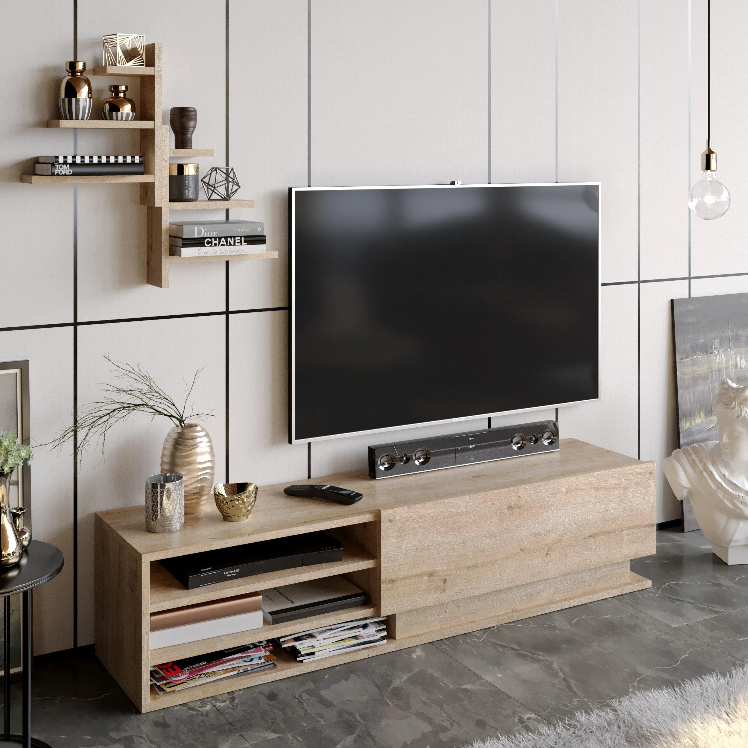 Linda TV Stand and Media Console with Cabinet, Wall Shelves for TVs up to 67" Decorotika
