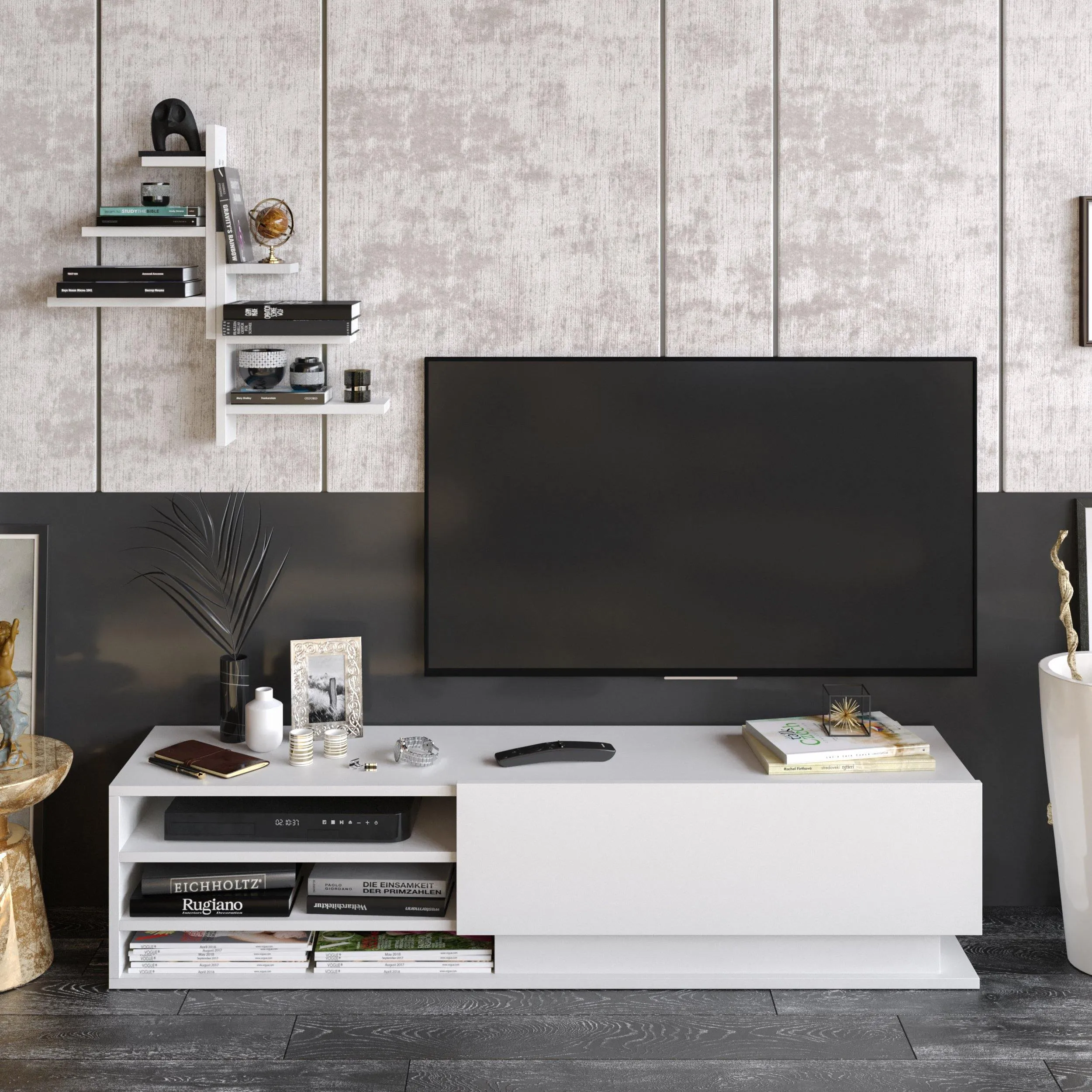 Linda TV Stand and Media Console with Cabinet, Wall Shelves for TVs up to 67" Decorotika