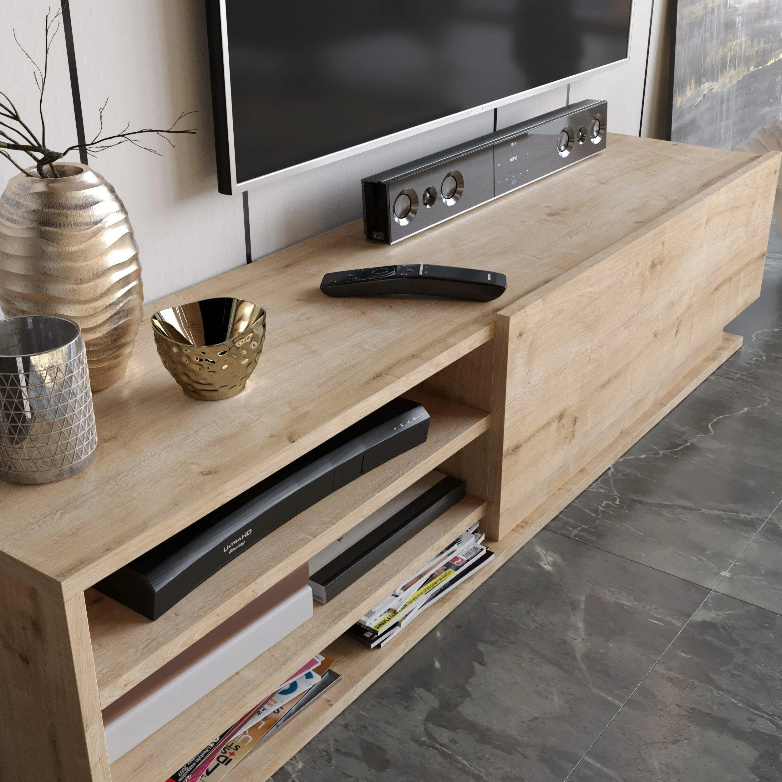 Linda TV Stand and Media Console with Cabinet, Wall Shelves for TVs up to 67" Decorotika