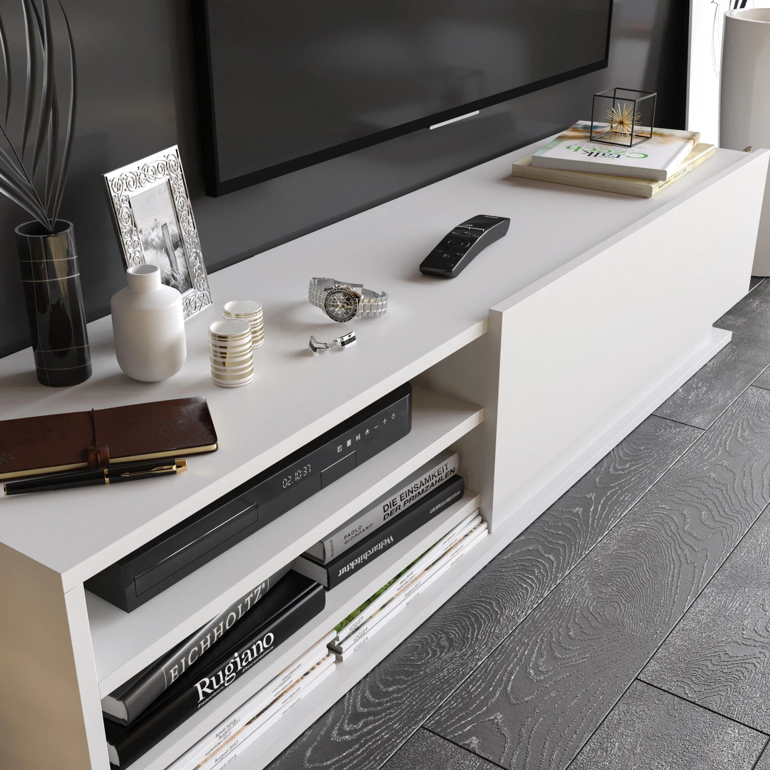 Linda TV Stand and Media Console with Cabinet, Wall Shelves for TVs up to 67" Decorotika