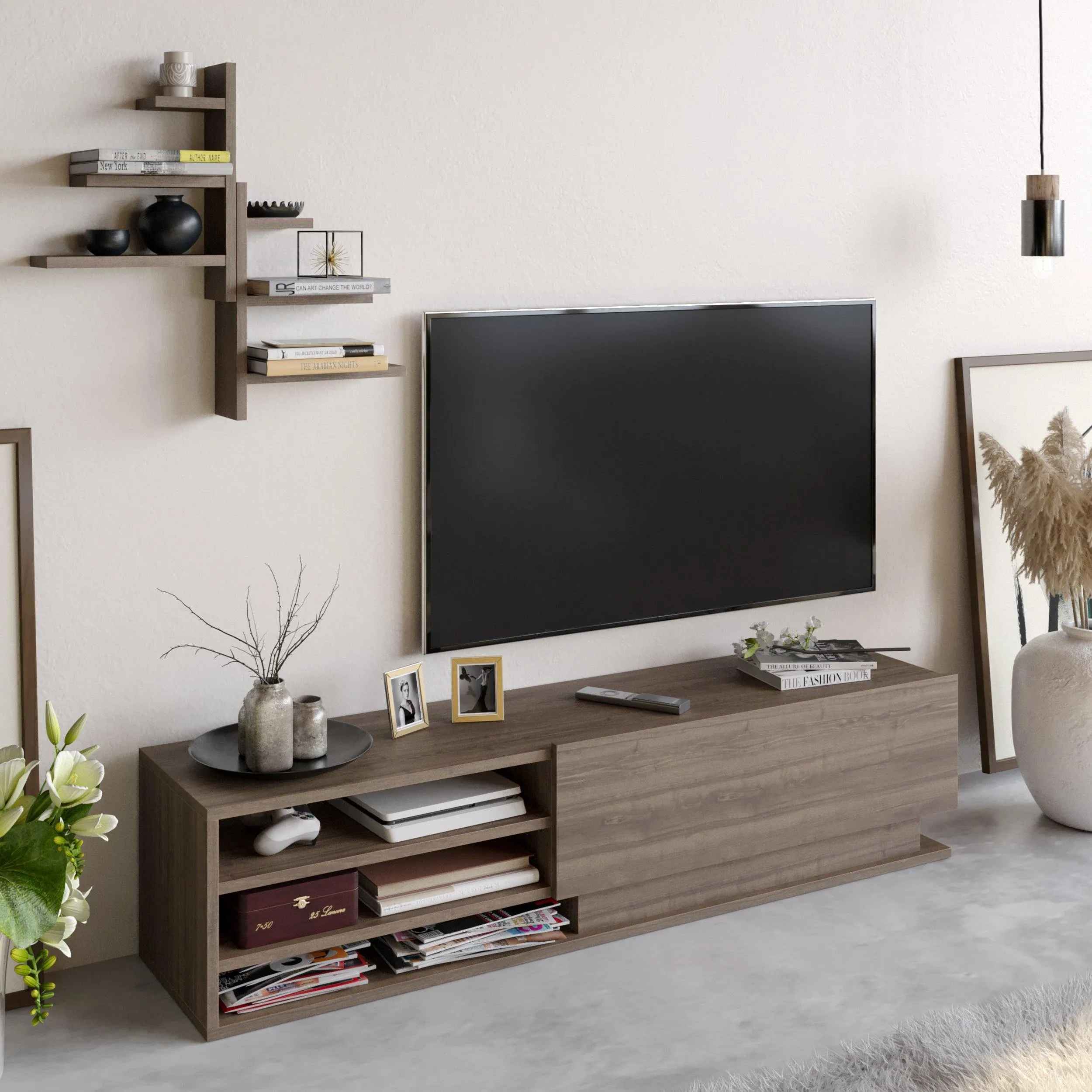 Linda TV Stand and Media Console with Cabinet, Wall Shelves for TVs up to 67" Decorotika