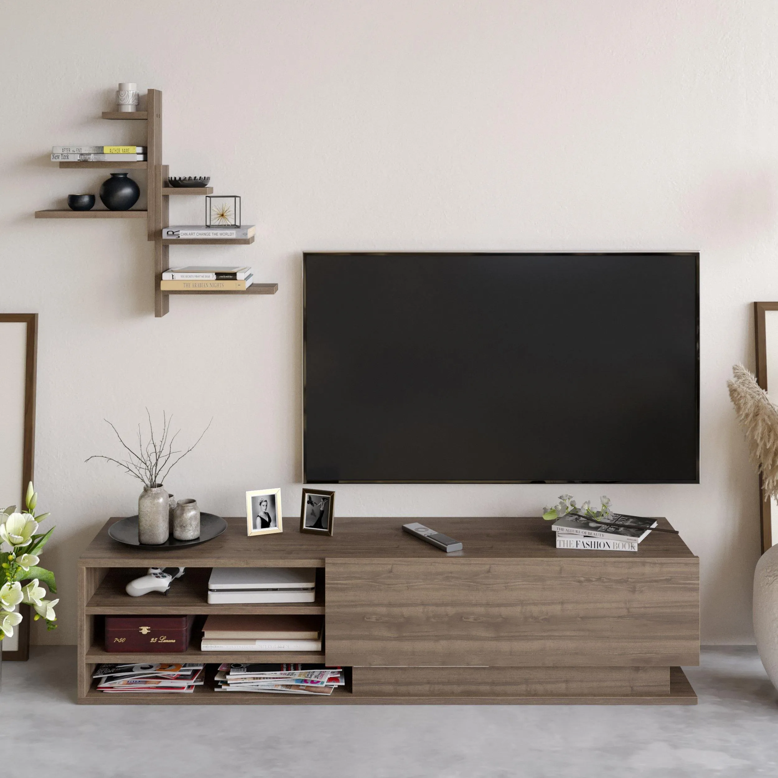 Linda TV Stand and Media Console with Cabinet, Wall Shelves for TVs up to 67" Decorotika