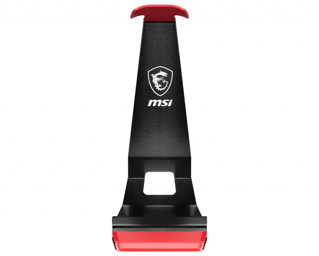 MSI HS01 Gaming Headset Stand 'Black with Red, Solid Metal Design, non slip base, Cable Organiser, Supports most headsets, Mobile holder'