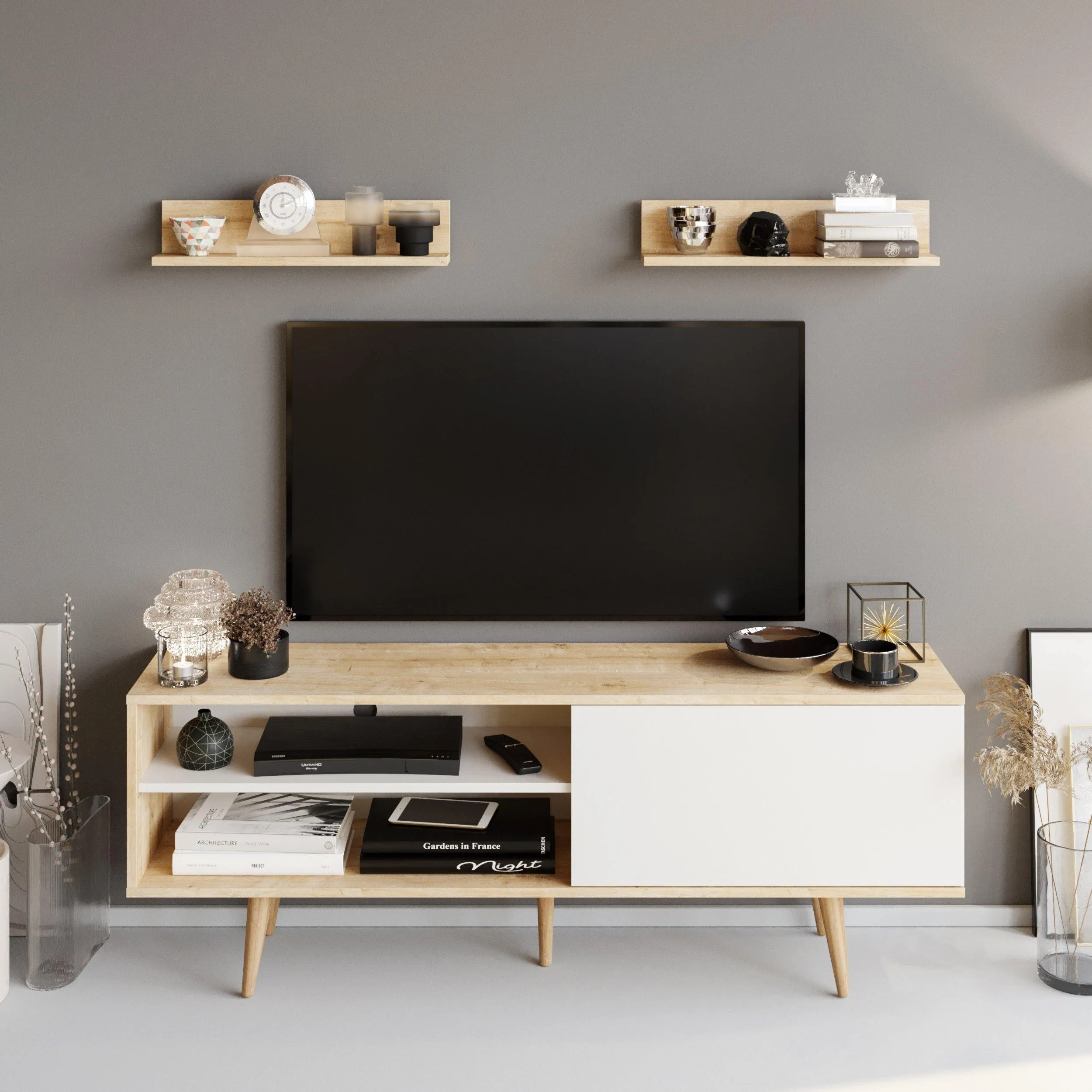 Pi 63" Wide TV Stand and Entertainment Center with Wall Shelves for TVs up to 72" Decorotika