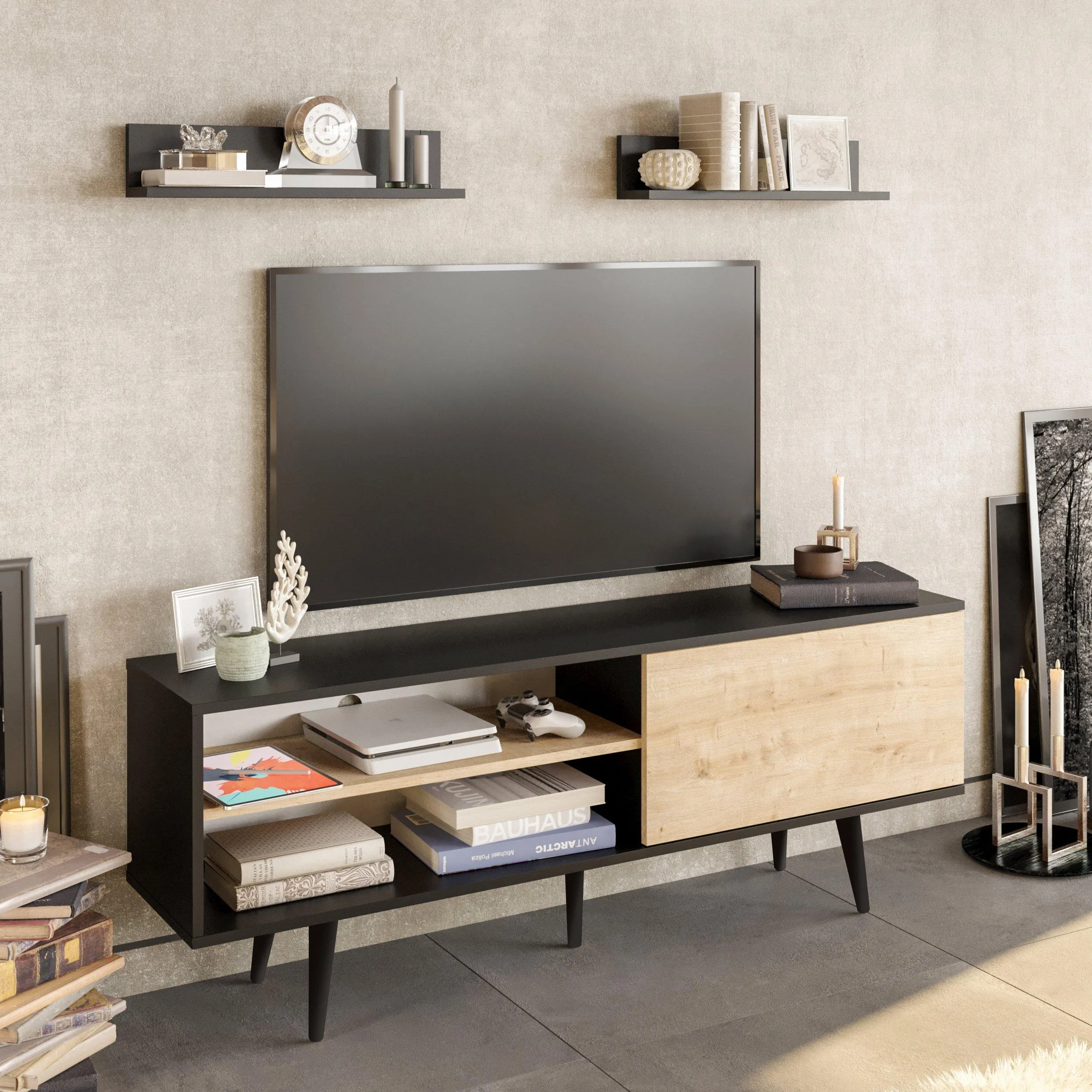 Pi 63" Wide TV Stand and Entertainment Center with Wall Shelves for TVs up to 72" Decorotika