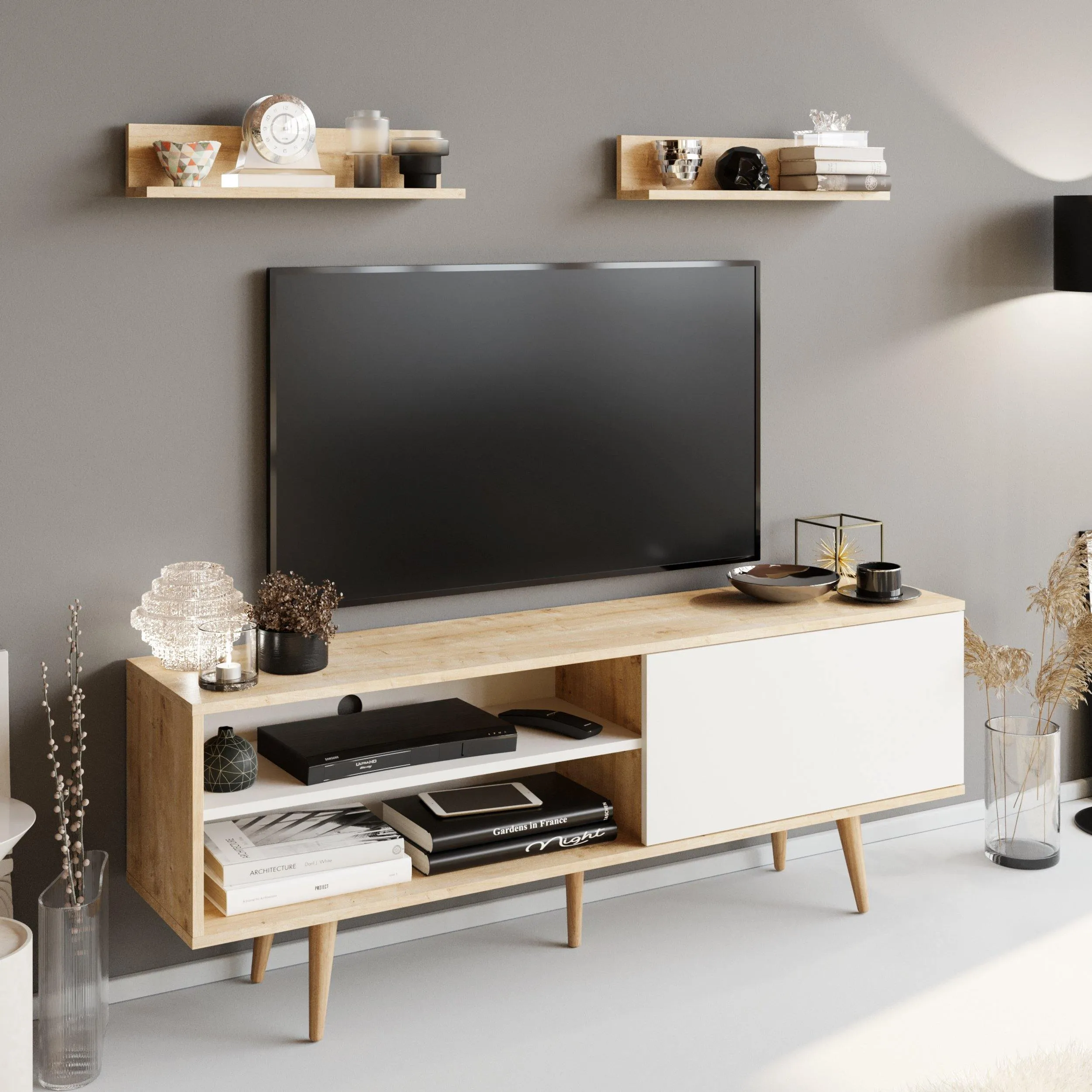 Pi 63" Wide TV Stand and Entertainment Center with Wall Shelves for TVs up to 72" Decorotika