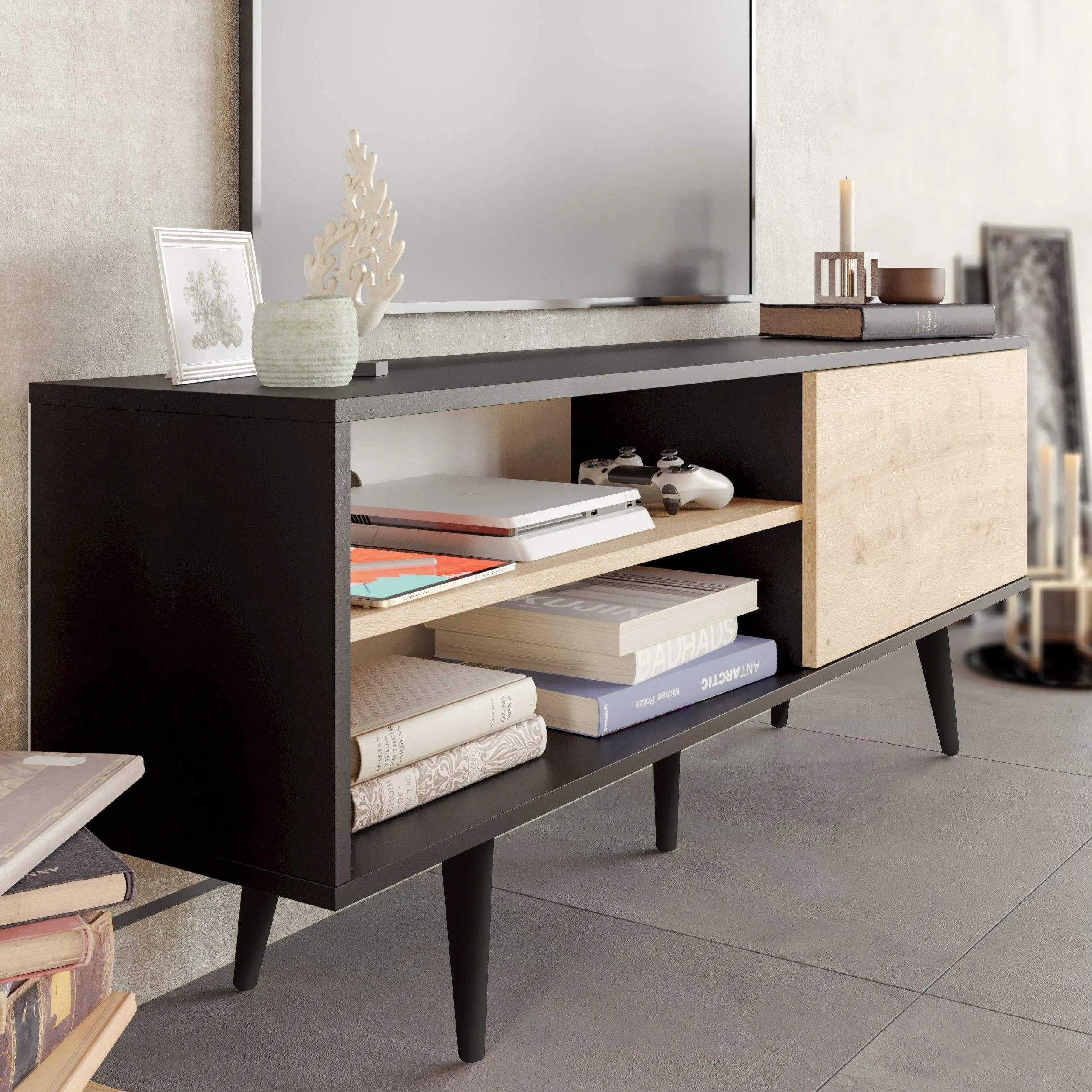 Pi 63" Wide TV Stand and Entertainment Center with Wall Shelves for TVs up to 72" Decorotika