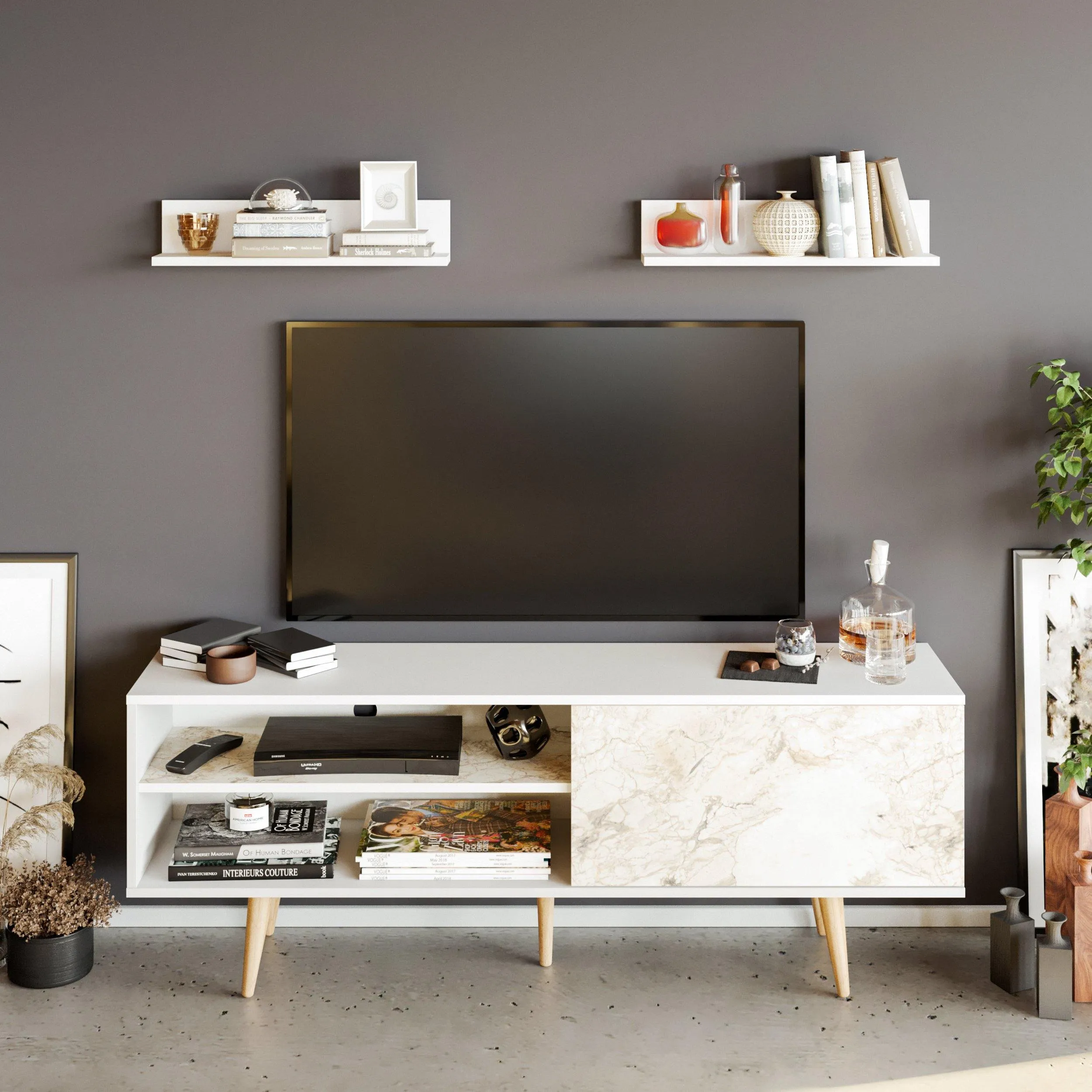 Pi 63" Wide TV Stand and Entertainment Center with Wall Shelves for TVs up to 72" Decorotika
