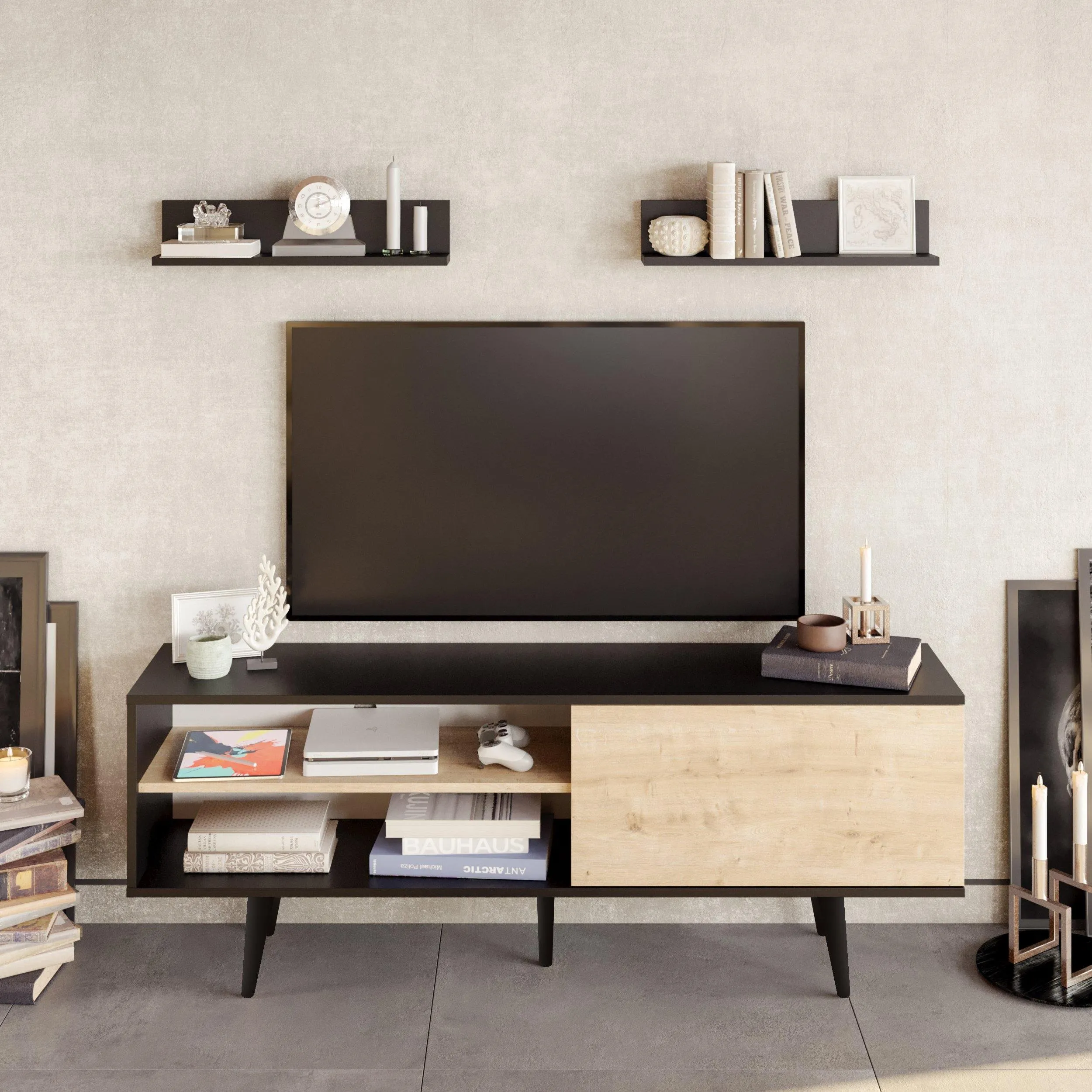 Pi 63" Wide TV Stand and Entertainment Center with Wall Shelves for TVs up to 72" Decorotika