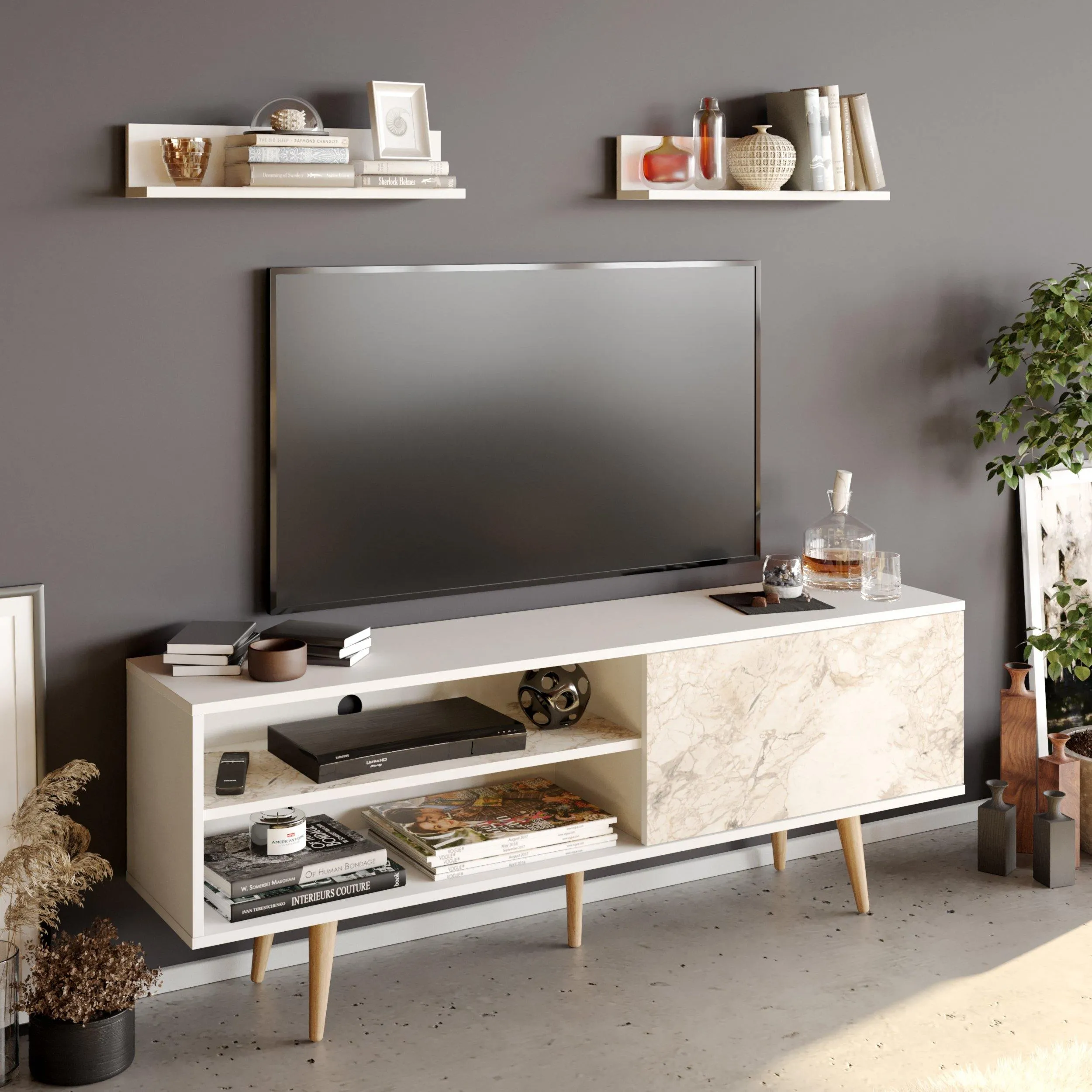 Pi 63" Wide TV Stand and Entertainment Center with Wall Shelves for TVs up to 72" Decorotika