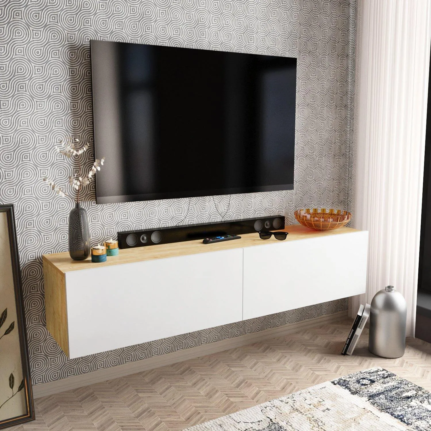 Poling 63" Wide Floating TV Stand and Media Console for TVs up to 70" Decorotika