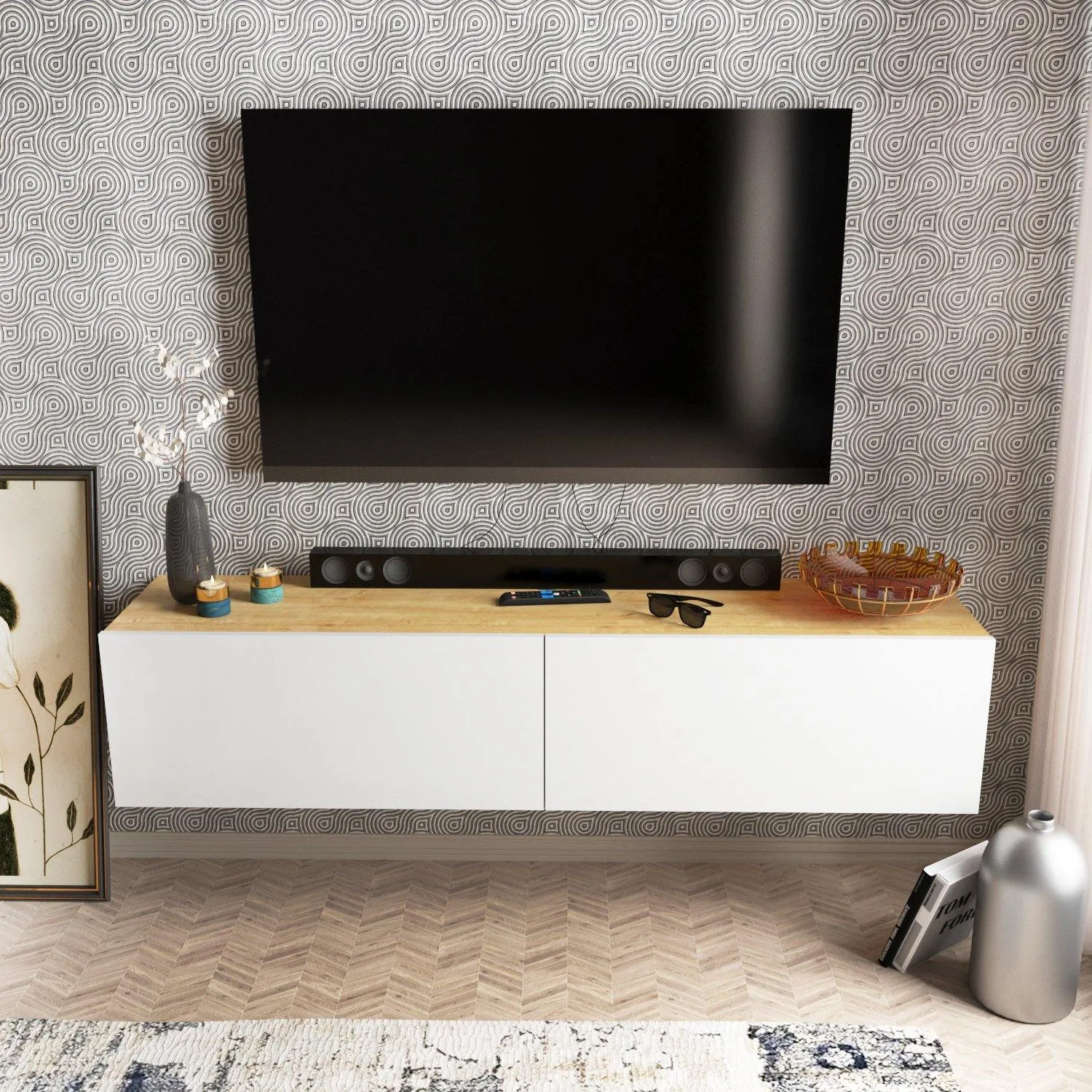 Poling 63" Wide Floating TV Stand and Media Console for TVs up to 70" Decorotika