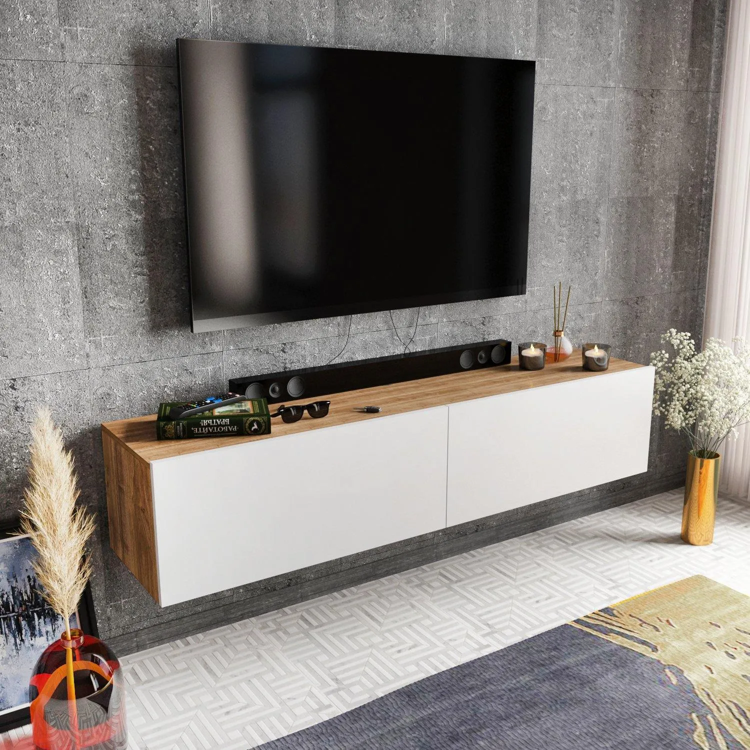 Poling 63" Wide Floating TV Stand and Media Console for TVs up to 70" Decorotika