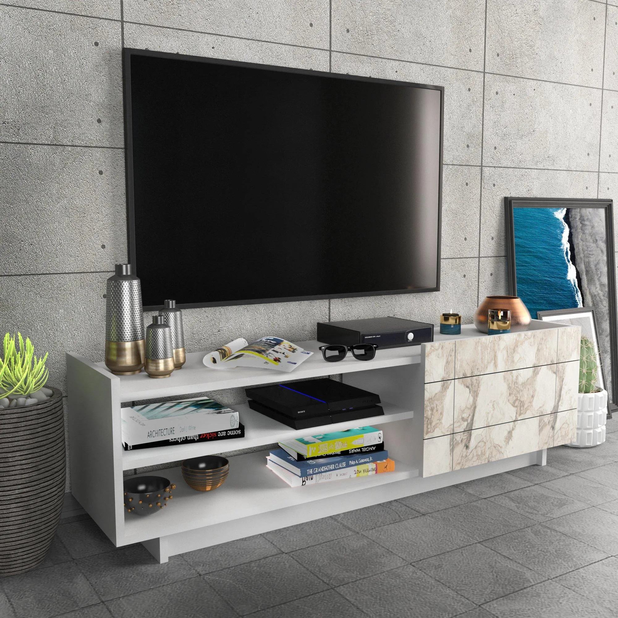Valantina 55 Wide TV Stand & Media Console with A Cabinet & Shelves for TVs up to 63" Decorotika