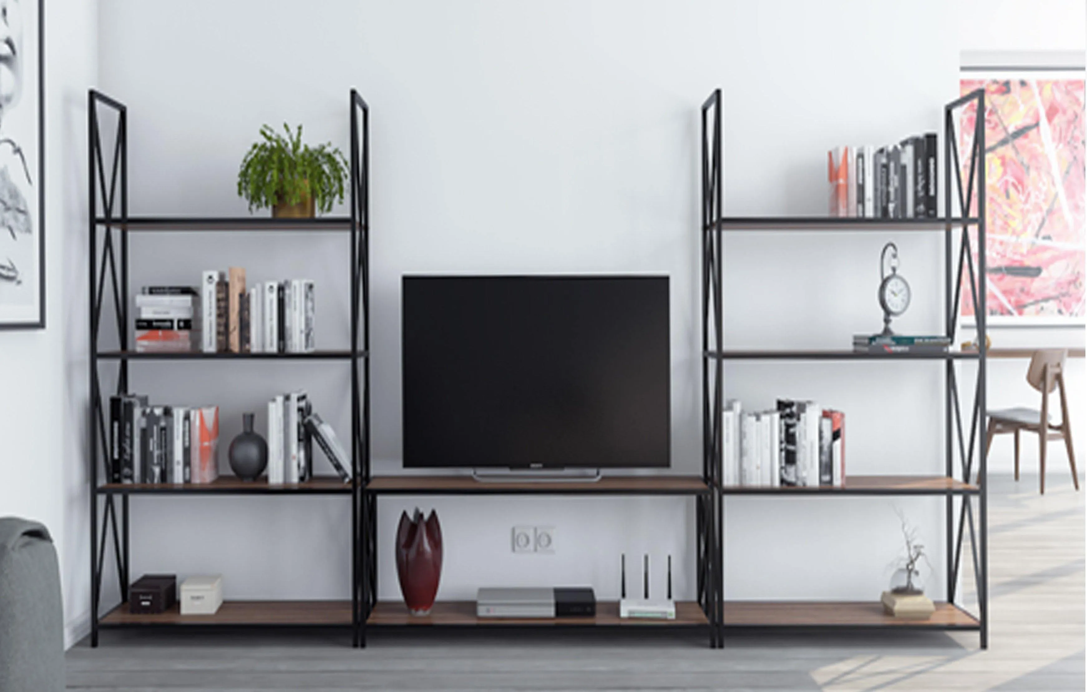 Xena Metal Wood Entertainment Center for TVs up to 55" (Set of 3) Decorotika